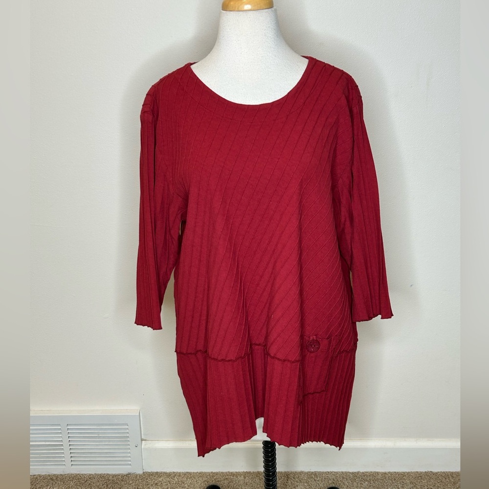 Focus Casual Life Cotton Top Red Diagonal Seam 3/4 Sleeve Women's L